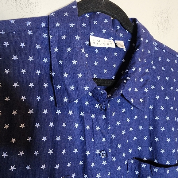 Joan Rivers Linen Star Print Blue White Short Sleee Button Shirt Women's Size L - Picture 2 of 16
